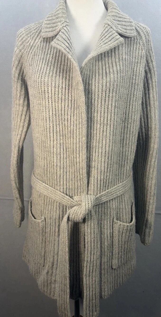 Vintage Lauren Ralph Lauren Gray Wool Alpaca Ribbed Knit Belted Cardigan M